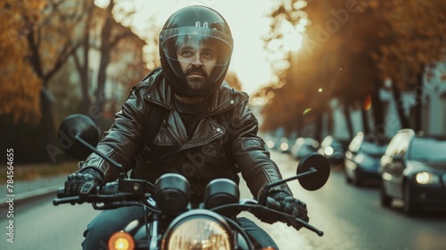 A man wearing a helmet and riding a motorcycle photo