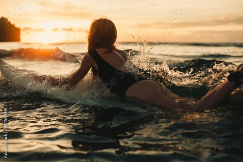 Young Beautiful Girl Posing Beach With Surfboard Woman Surfer Ocean Waves 2
