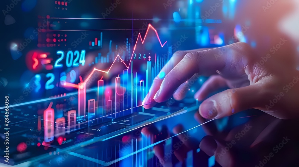 Close up of hand using laptop with holographic business growth representation Close up of hand using laptop with holographic business growth representation