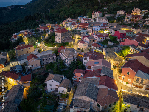 Aerial drone view of traditional Episkepsi village in north corfu,Greece by night, Summer time