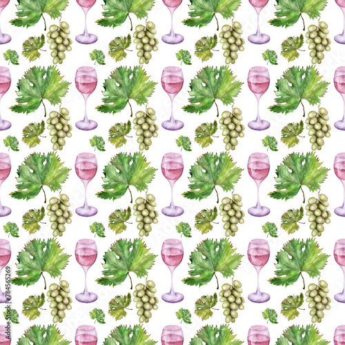 Watercolor seamless pattern with the image of grapes and a glass of wine 