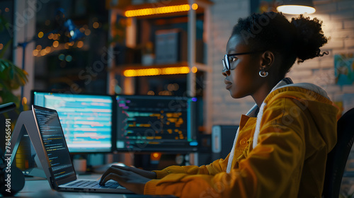 A young black female coder debugging software on her laptop, in a dynamic tech startup office with dual monitors and gadgets, business technology, with copy space © john
