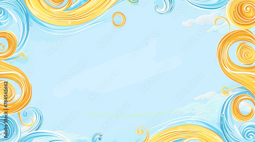 Cheerful hand-drawn swirls in beachy yellows and blues frame festive occasions. Cheerful hand-drawn swirls in beachy yellows and blues frame festive occasions.