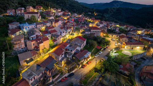 Aerial drone view of traditional Episkepsi village in north corfu,Greece by night, Summer time photo