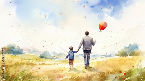 A man holds a kite and his two children walk next to him. The action takes place on the beach, with the sky above them. Watercolor illustration