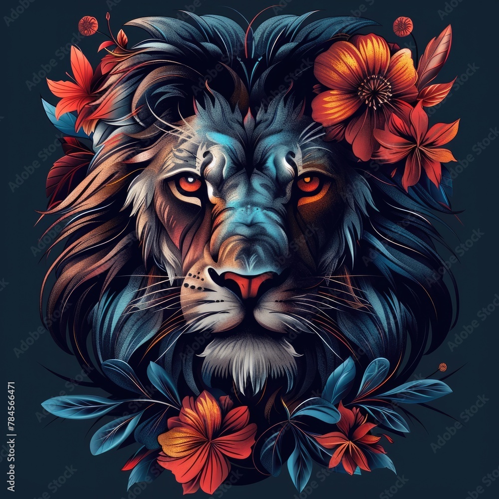 Magnificent Tattoo Inspired Digital of a Majestic Lion with Lush Floral Accents
