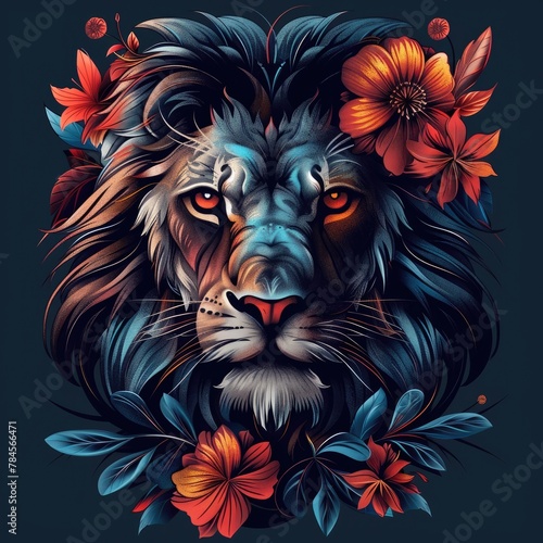 Magnificent Tattoo Inspired Digital of a Majestic Lion with Lush Floral Accents