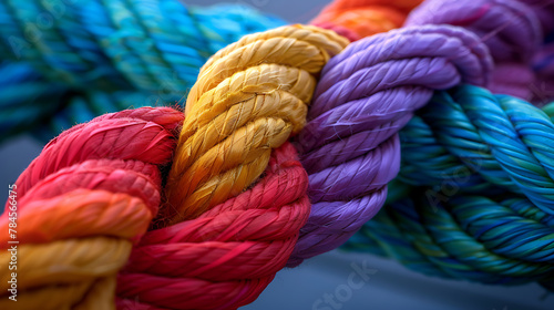 Multicolored braided ropes of different colors on a blue background