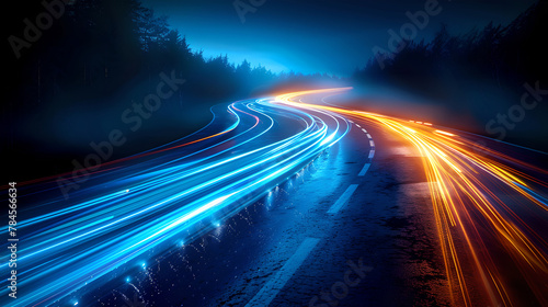 Light Streaks on Forest Highway in Misty Blue Night, Generative AI