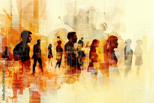 Mixed media composition featuring a group of multinational people and a global communication network concept, representing management strategy and human resources. 
