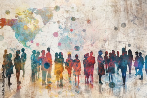 Mixed media composition featuring a group of multinational people and a global communication network concept, representing management strategy and human resources.  photo