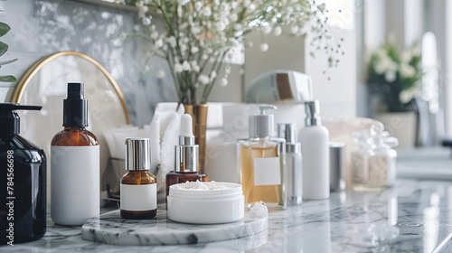 A delicate arrangement of skin care products on a marble countertop,