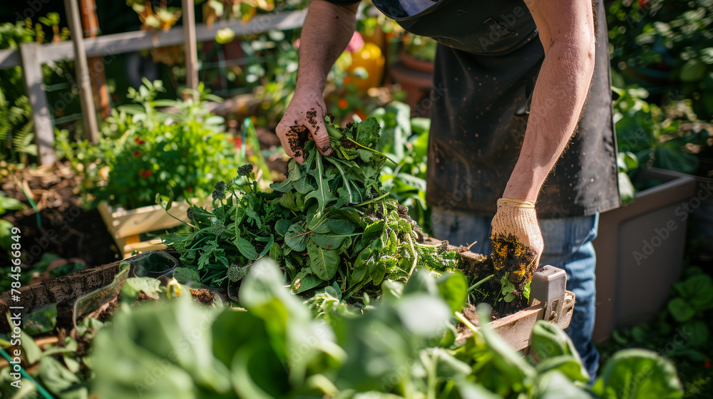 Fototapeta premium compost in gardening. Organic fertilizer. the gardener makes compost. Organic ecological, biological agriculture
