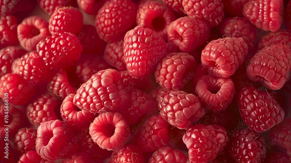 This image showcases a large number of fresh and ripe red raspberries, with a focus on their texture and the play of light This image showcases a large number of fresh and ripe red raspberries, with a focus on their texture and the play of light