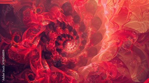 Mesmerizing fractals in scarlet hues set on dusky rose, resembling a red bloom.