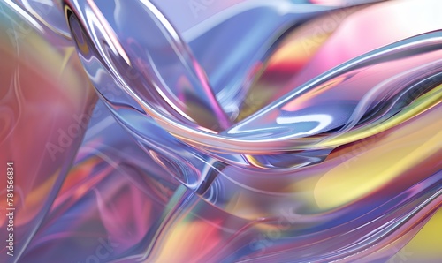 This image captures a close-up of a curved glass structure with spectrum light causing rainbow reflections, emphasizing translucency and fluidity