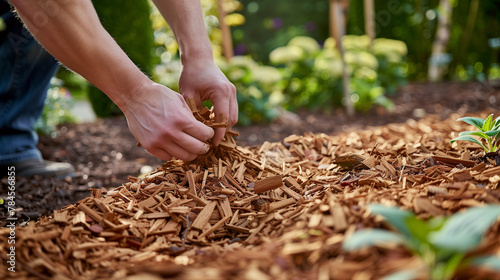 Mulching the garden with pine bark. Natural Fertilizer in horticulture. Men's hands in close-up on the background of mulch