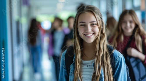 Portrait of smiling schoolgirl standing in corridor at school during break