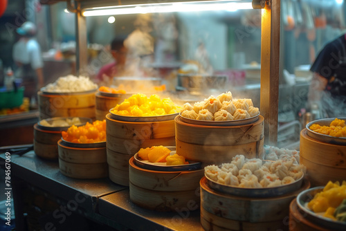 Dim sum on a food shelves, various Chinese steamed dumpling in bamboo basket steamer
