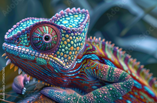 Study the intricate patterns and colors of chameleon animal species to create a mesmerizing digital art piece 