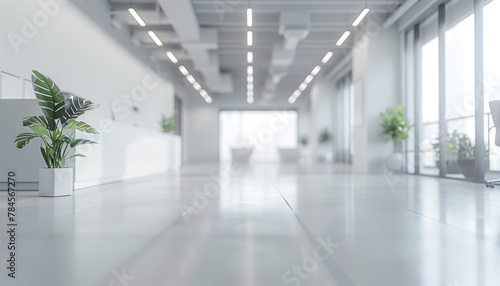 A bright and airy modern office corridor lined with green plants in white pots.