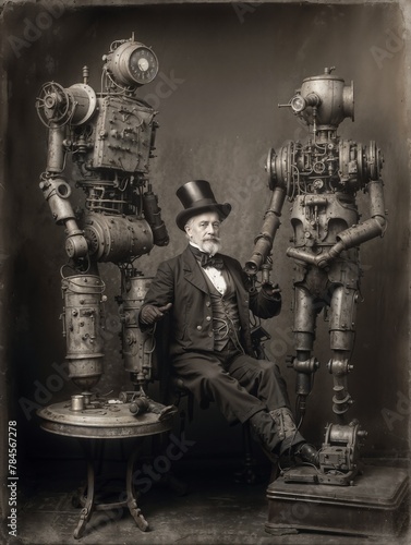 Vintage photo from the 19th century, an inventor next to his robot