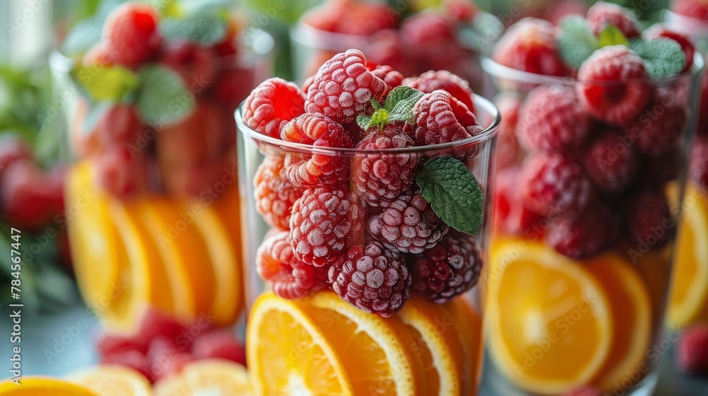 Oranges, Raspberries, and Orange Slices Arranged in Cups Oranges, Raspberries, and Orange Slices Arranged in Cups