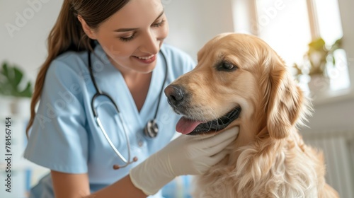 Beautiful Female Veterinarian Petting a Noble Golden Retriever Dog. Healthy Pet on a Check Up Visit in Modern Veterinary Clinic with Happy Caring Doctor