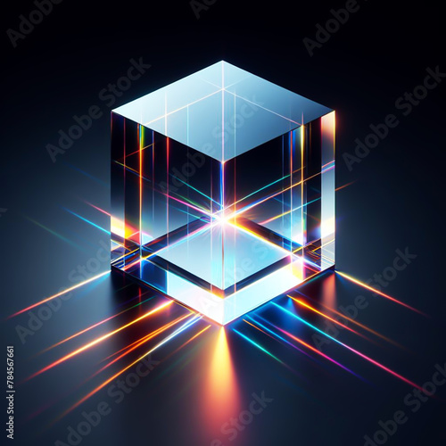 3D cube with refraction and holographic effect light on dark background