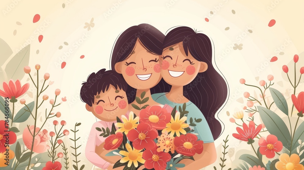 Illustration of a happy family with three smiling members, a woman, a girl, and a young boy surrounded by vibrant flowers