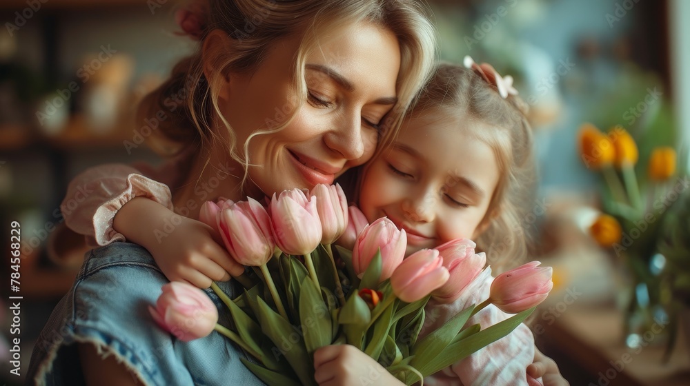 Fototapeta premium A serene moment as a woman and her daughter, both smiling peacefully, hold a bunch of soft pink tulips