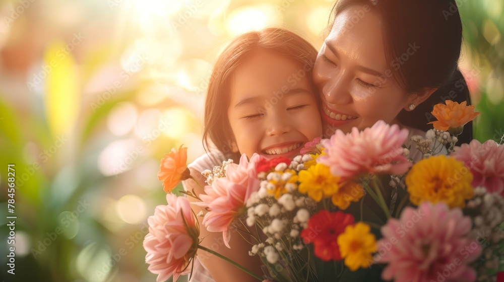 Warm sunlight enfolds asin woman and child in a blissful hug, faces framed by a vibrant bouquet of mixed flowers