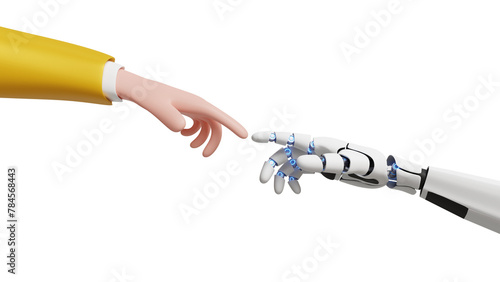 Future of AI. Technological progress. Artificial intelligence. Cyborg and human unity. 3D cyborg robot hand and human hand touching fingers photo