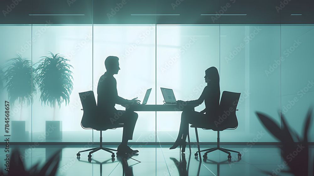 Fototapeta premium A strategic alliance discussion in a minimalist boardroom, where a businessman and a businesswoman layout partnership terms with digital contracts, highlighting the move towards paperless operations