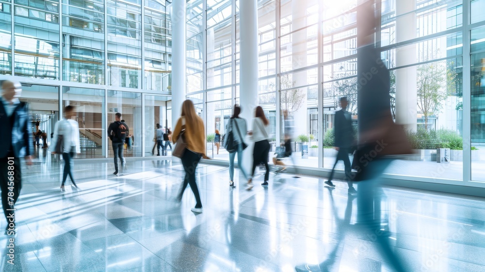 Bright business workplace with people in walking in blurred motion in modern office space Bright business workplace with people in walking in blurred motion in modern office space