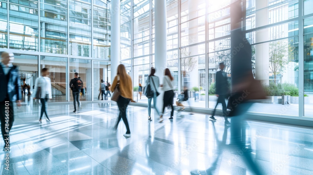 Bright business workplace with people in walking in blurred motion in modern office space