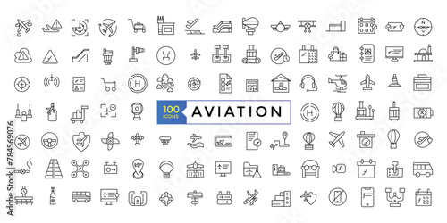Set of aviation icons. Contains symbols to aircraft, Credit Card, Wallet, Money, globe Outline icon collection.