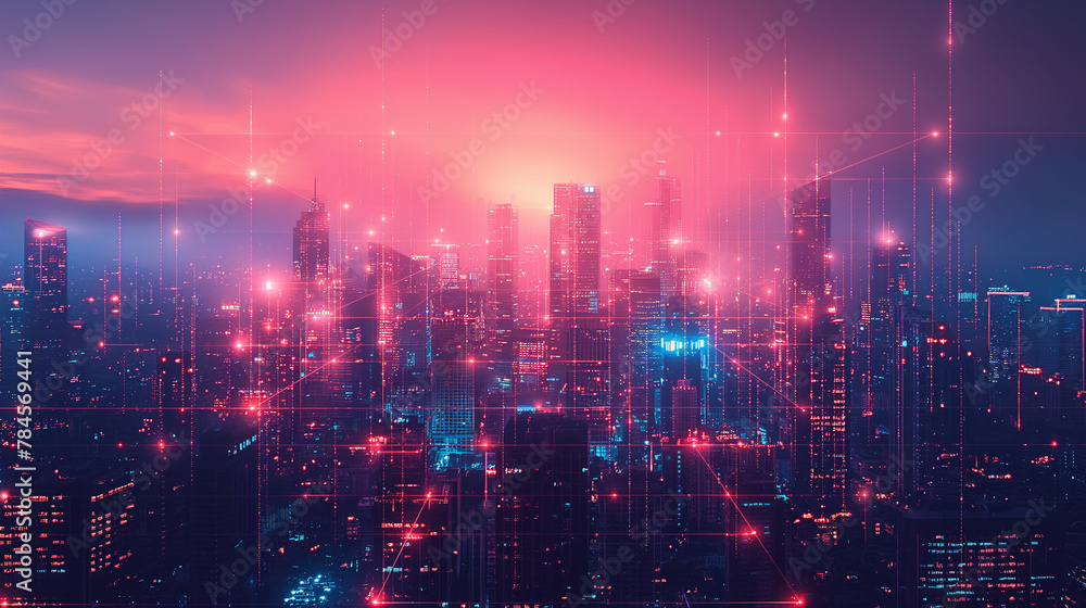 Imaginative visual of smart digital city with globalization abstract graphic showing connection network . Concept of future 5G smart wireless digital city and social media networking systems.