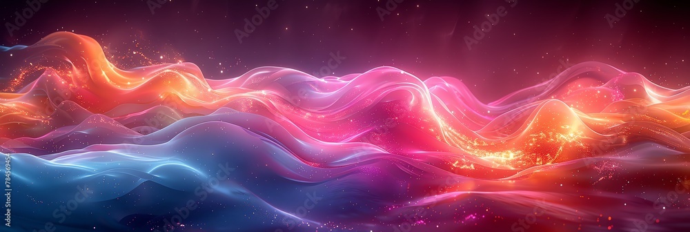 Fototapeta premium Abstract, intersecting arcs of light, makro, vivid tones of green and pink purple black, on a backdrop of swirling pastels, silky and smooth surface, minimalistic design, high detail, 3:1
