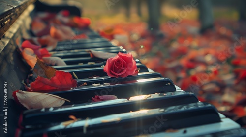 Autumnal Romance: Rose and Leaves on Piano