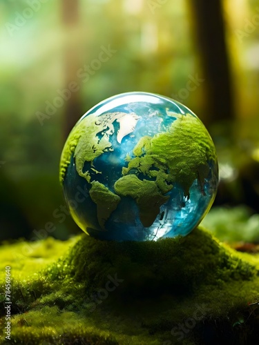 a crystal earth globe on a moss in a lush green forest. The image is showing how fragile the Earth is and how important it is to protect the environment . Happy Earth Day, World Environment Day