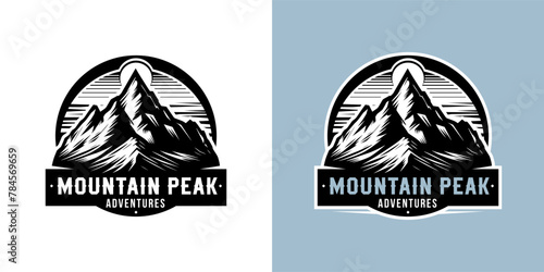 Vintage Vector Mountain Emblem with typography. Logo for Expeditions, Tours, Adventures, Travel Agencies. Badge for Business Cards, Posters, and Social Media, Apparel, Stickers