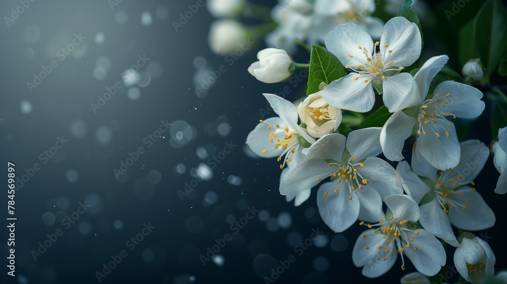 Branch with white spring flowers on black background, space on the left Branch with white spring flowers on black background, space on the left