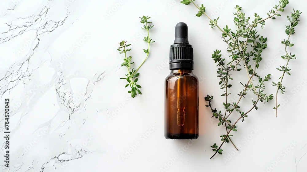 Fototapeta premium Essential oil bottle with fresh herbs on white marble background