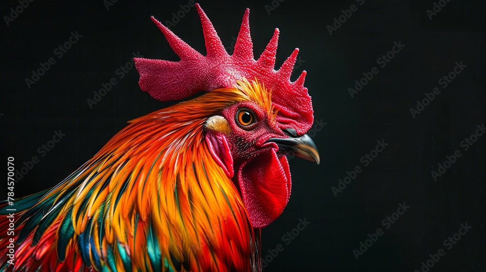 Vibrant rooster portrait with colorful feathers on black background