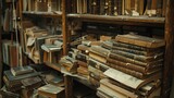 Vintage library interior with antique books and wooden shelves