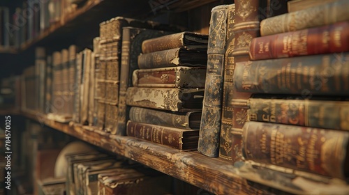 Vintage books collection on wooden bookshelf in library