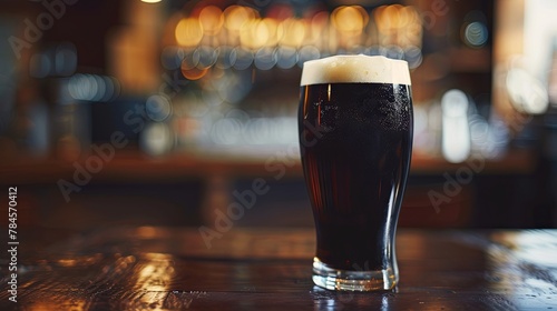 Refreshing dark beer in a tall glass on a rustic pub table photo