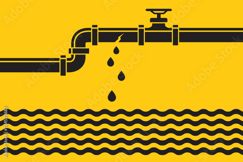 plumbing service pattern with leaking pipe and water puddle isolated on yellow background © Alexkava