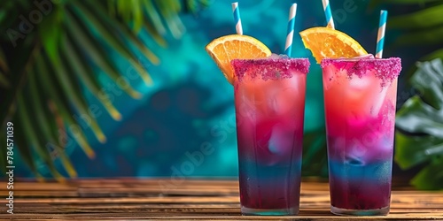 Two colorful layered cocktails with orange slices on wooden bar, blue tropical background. Copy space.